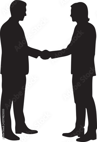 Silhouette of two business people shaking hands, representing a partnership, agreement, deal, cooperation, or successful business negotiation