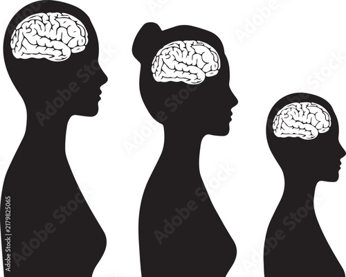 Three black silhouettes of human heads in profile, each containing a brain representing different stages of human development
