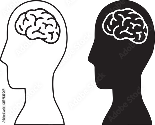 Two human head silhouettes, one in outline and one solid black, both containing a brain representing intelligence and mental health