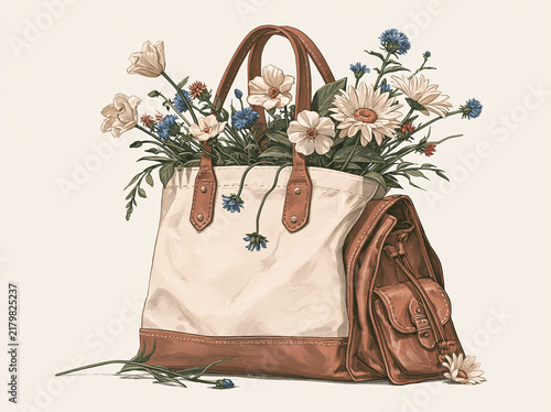 Vintage‑style illustration of a cream canvas tote bag with brown leather trim overflowing with fresh white daisies, blue cornflowers and green foliage against a plain off‑white background.