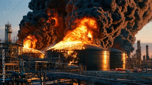 Massive refinery fire with storage tanks engulfed in flames, illustrating industrial disaster and emergency response.