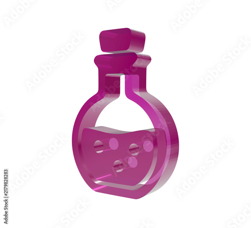 Canvastavla 3d magenta glass potion bottle with bubbles inside, isolated on a plain white ba