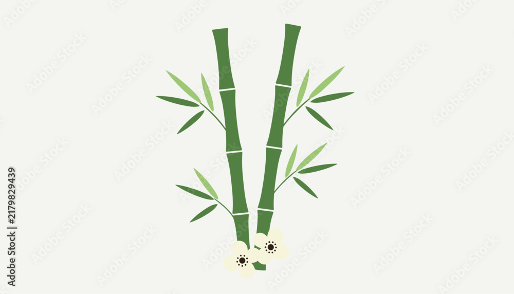 Obraz premium Natural illustration showing two green bamboo stalks with leaves and white flowers on a light background.