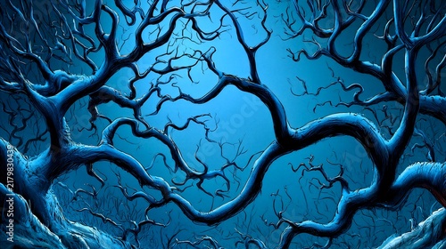 Twisted Dark Blue Gnarled Tree Branches Looking Up Through Leafless Forest Canopy Against Blue Sky