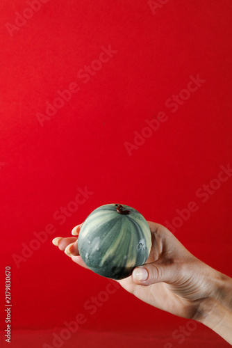 Obraz na plátně Realistic gooseberry shaped mousse cake with water droplets held in female hand