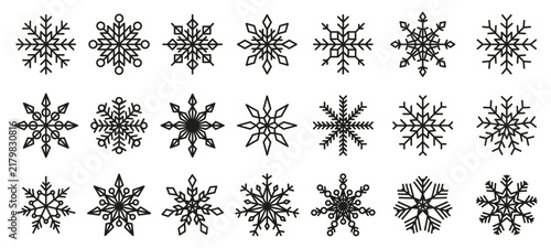 Snowflakes outline icon set. Black winter snow crystal line art, geometric ice star shapes, frost ornament patterns. Christmas holiday and winter season vector illustration set. Cold weather elements