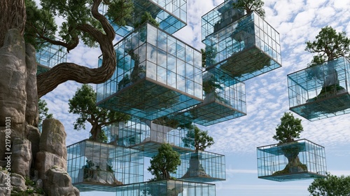 Floating glass ecosystems with bonsai trees and rocky cliffside