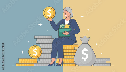 Successful senior businesswoman sitting on high stacks of gold coins while holding a large dollar coin and a full bag of money.