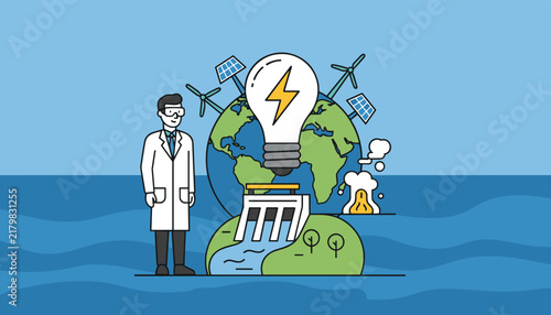 Male scientist in a lab coat standing next to a giant lightbulb with a lightning bolt symbol and various renewable energy source icons.