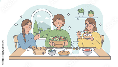 Diverse group of friends enjoying a healthy meal together at a table with fresh salad and dessert in a cozy dining room with a view.