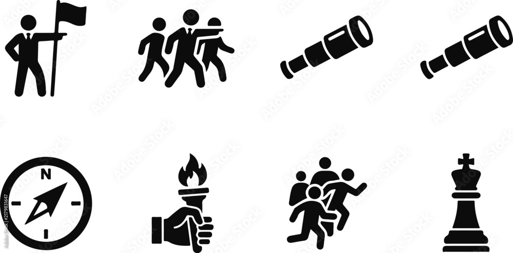Fototapeta premium A set of black silhouette icons representing concepts of exploration leadership teamwork and strategic planning
