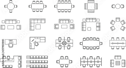 Top view living room and office furniture set tables sofas and desks illustration