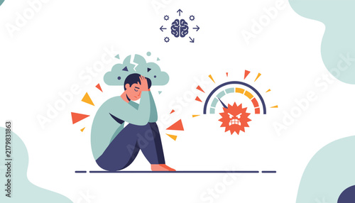 Sad man sitting on the floor with a dark cloud over his head next to a stress meter indicating high levels of mental anxiety.