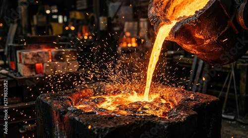 Molten steel pouring from ladle into graphite mold with sparks, slag, and glowing furnace bricks in a foundry