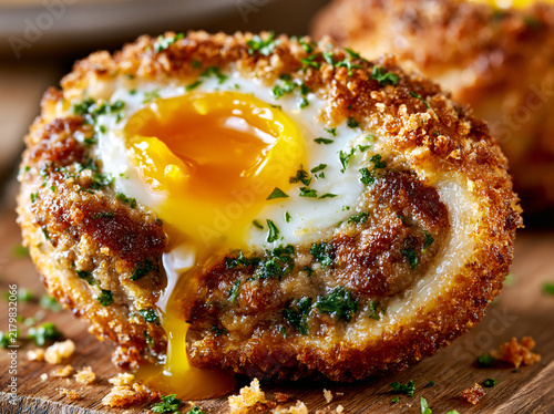Close‑up halved scotch egg revealing runny golden‑yellow soft yolk center, herbed sausage meat, crispy golden breadcrumb crust on wooden board.