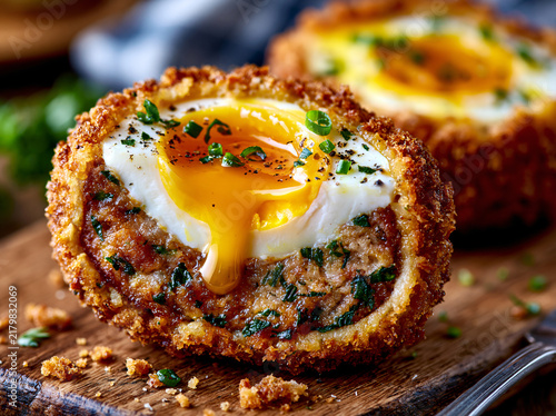 Close‑up halved scotch egg revealing runny golden‑yellow soft yolk center, herbed sausage meat, crispy golden breadcrumb crust on wooden board.