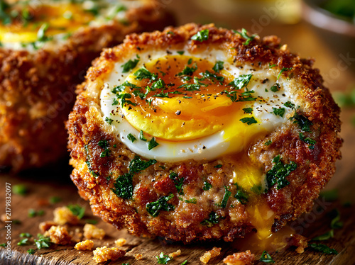 Close‑up halved scotch egg revealing runny golden‑yellow soft yolk center, herbed sausage meat, crispy golden breadcrumb crust on wooden board.