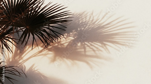 Mediterranean palm leaves casting soft shadows on a sunlit neutral wall with ample copy space