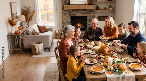 Family gathering around a festive dining table with a roasted turkey, seasonal decorations, and a cozy living room featuring a stone fireplace and autumn decor
