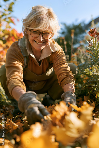 Senior woman with glasses kneeling in garden, collecting autumn leaves surrounded by colorful foliage and bright sunlight on a clear day