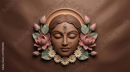 Elegant sculpted durga goddess face surrounded by lotus flowers and floral mandala on brown background for durga puja and navratri devotional illustration