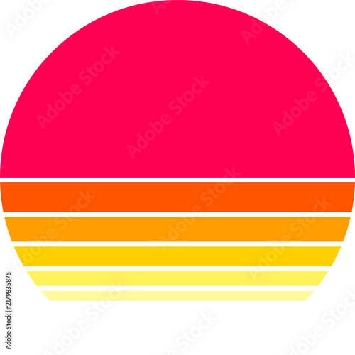 Vibrant retro 1980s style synthwave sunset sun with horizontal stripes and bright pink gradient illustration