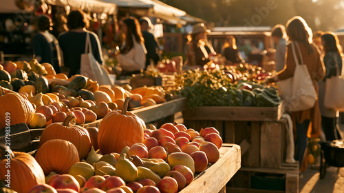 Colorful autumn farmers market scene with fresh fruits and vegetables displayed on wooden tables, shoppers browsing in the background during golden hour