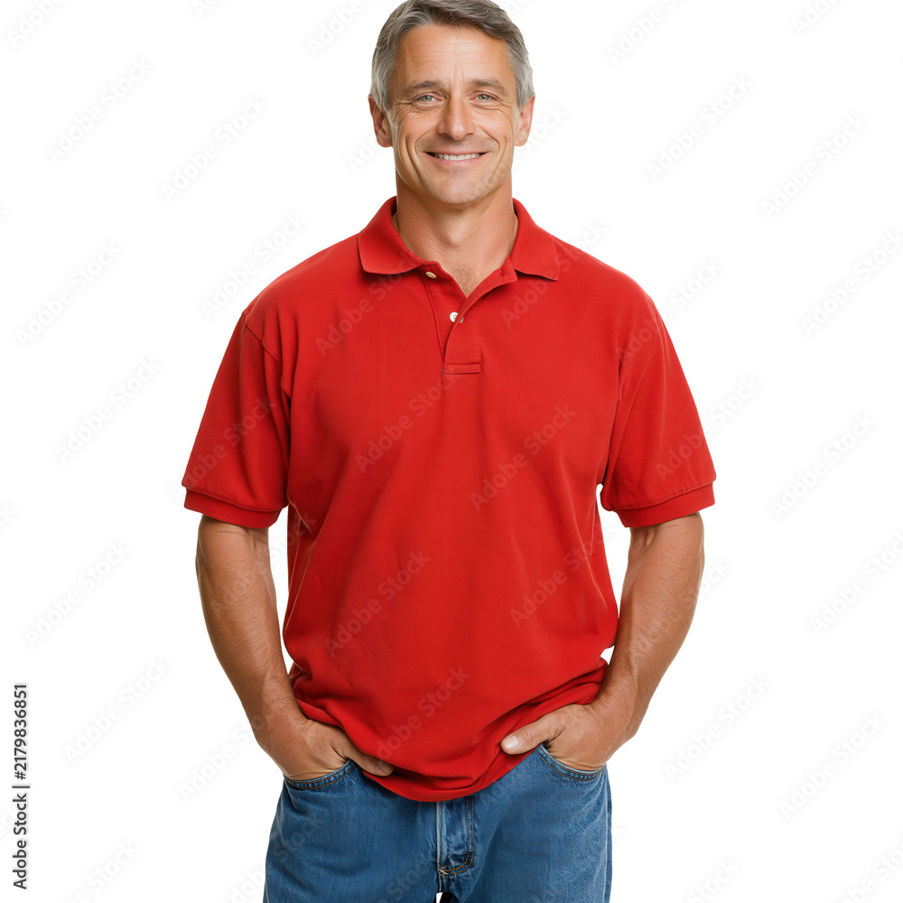 Fototapeta premium Smiling middle aged man in red polo shirt stands in , showcasing warmth and friendliness in casual setting