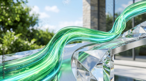 Green abstract glass wave on structure