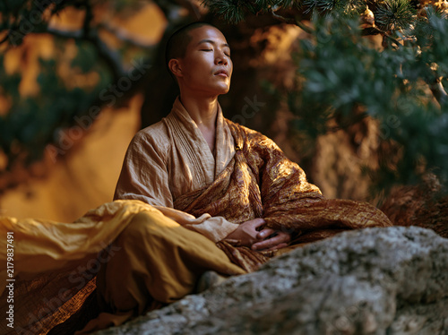 A monk sits cross‑legged in meditation upon a rugged rock beneath leafy tree branches, eyes closed, peaceful, against a mist‑covered mountain landscape at soft twilight.