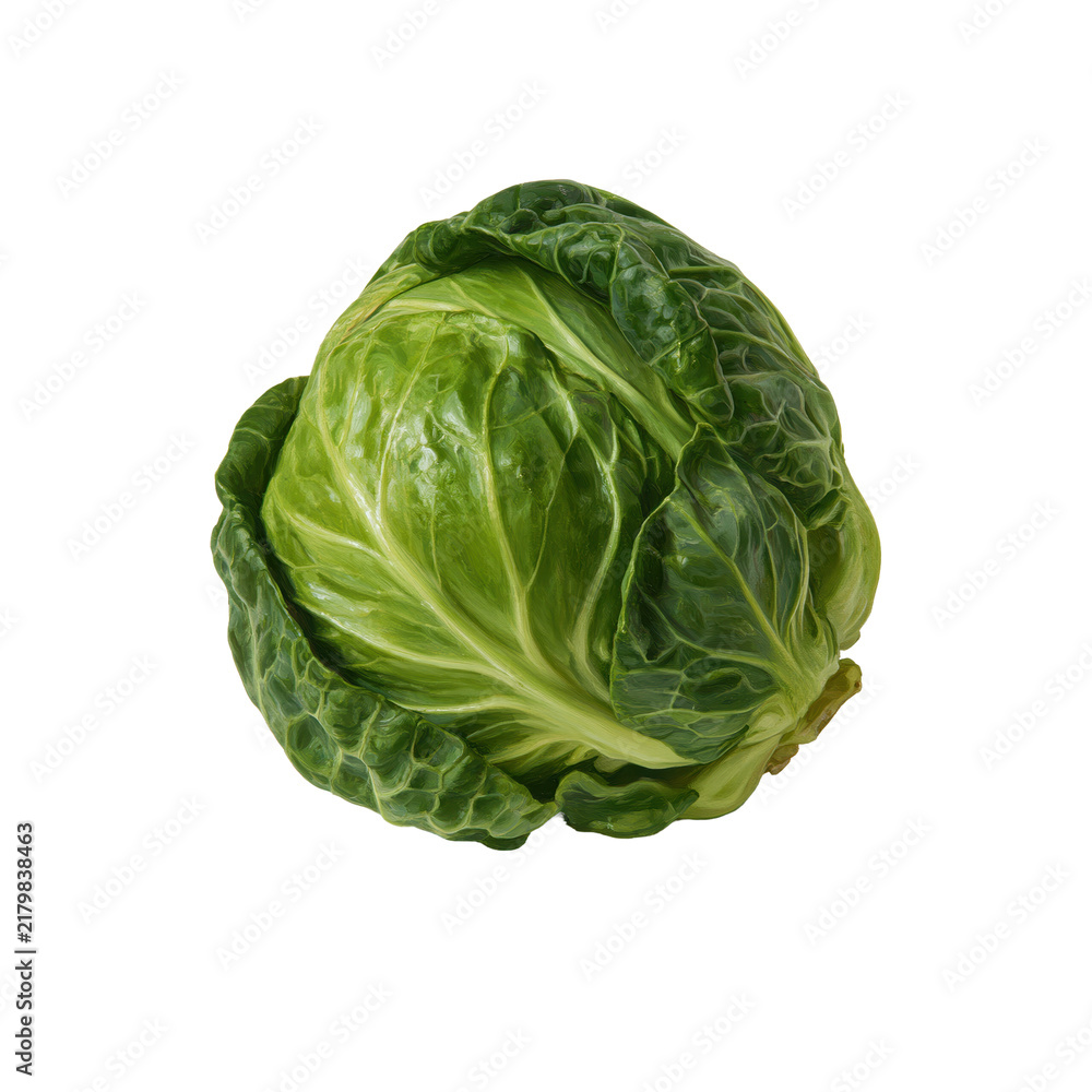 Obraz premium Single Brussels sprout on a white background showing its round shape and green leaves