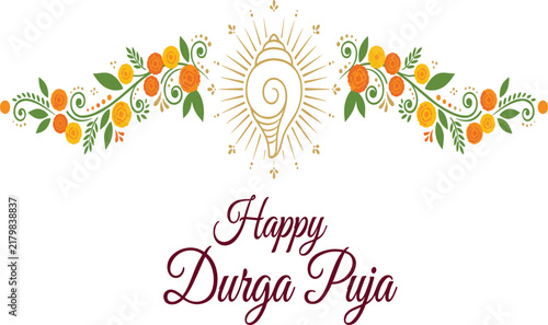 Elegant Happy Durga Puja Vector Banner Featuring Golden Conch Shell Shankha Line Art with Sunburst Rays and Swirling Yellow Marigold Flower Garland Borders