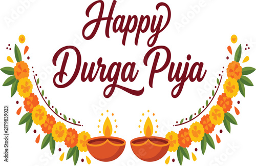 Festive Happy Durga Puja Vector Banner Featuring Maroon Script Calligraphy and a Semicircular Marigold Flower Garland Border with Two Lit Clay Diya Lamps