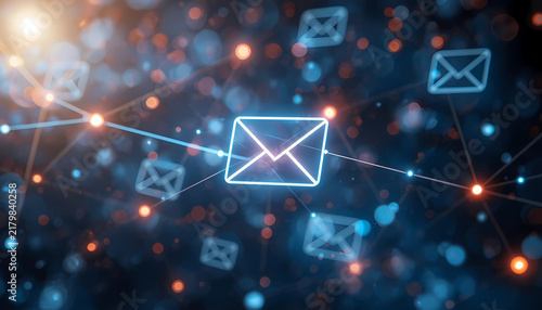 Glowing email message icons floating in a digital communication network with glowing symbols cyber security data transmission electronic mail internet