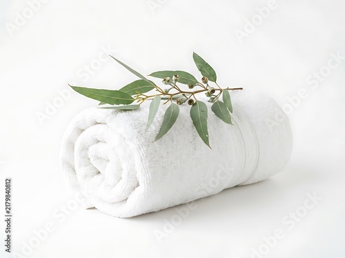 Rolled white towel with eucalyptus leaves isolated on white background