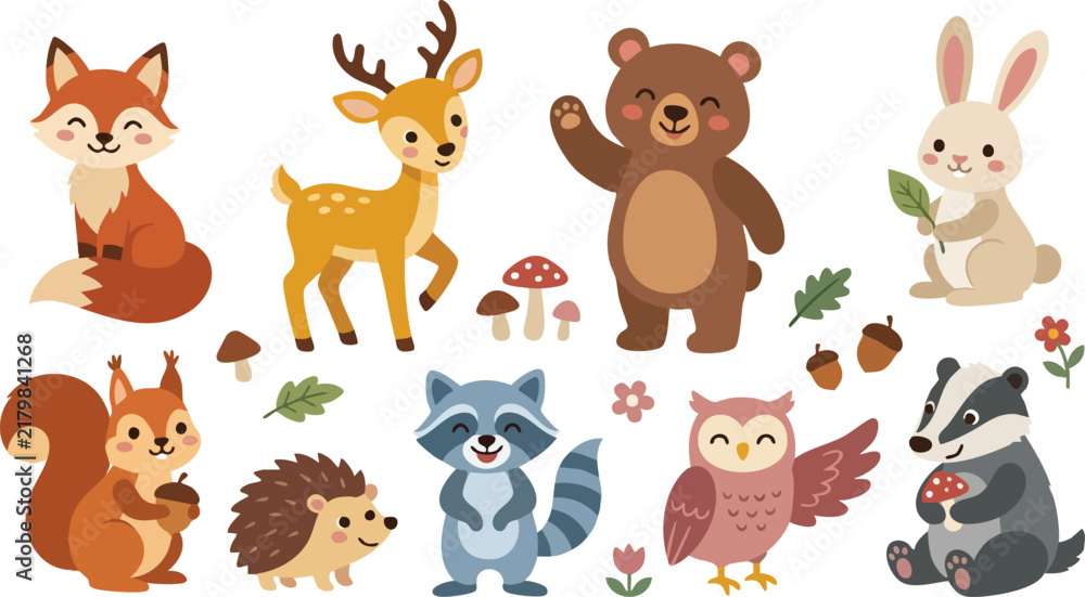 Fototapeta premium Cute Woodland Animal Character Collection with Fox Deer Bear Rabbit Squirrel Owl and Forest Elements