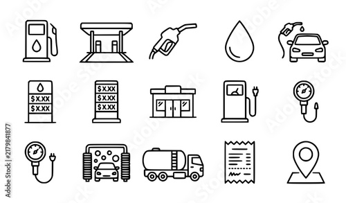 Gas station fuel service editable stroke line icon collection vector