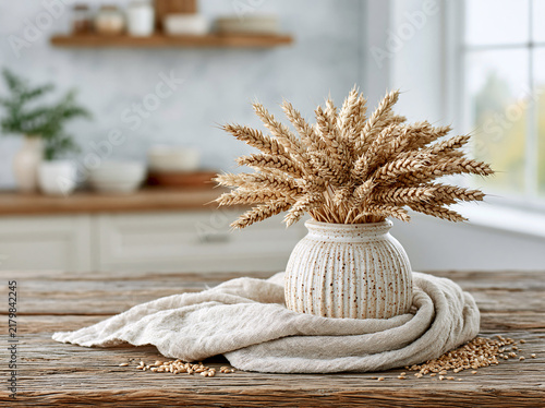 Bundle of ripe golden wheat stalks placed inside textured linen vase resting on weathered rustic wooden kitchen table.