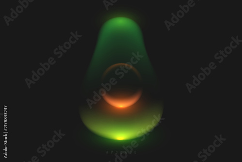 Futuristic glowing avocado icon with seed neon rim lighting on dark background. Abstract modern art vector illustration.