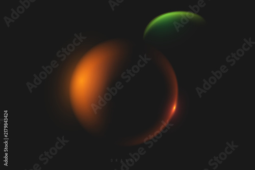 Minimalist glowing orange fruit with leaf neon gradient vector art on dark background