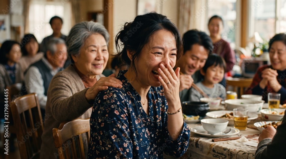 Obraz premium A multi-generational Asian family shares a joyful meal together at a dining table in a home setting.