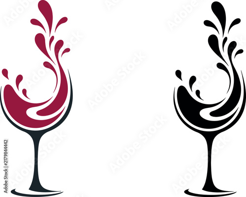 Abstract red wine glass logo with dynamic splash illustration for stylish winery and bar menus.