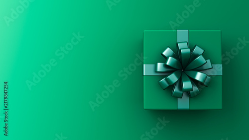 Green gift box or top view of green present box tied with green ribbon bow isolated on dark green gradient background with empty copy space on the left side minimal conceptual 3D rendering