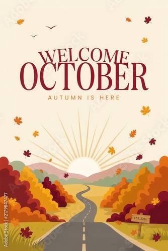Welcome october, autumn road with falling leaves
