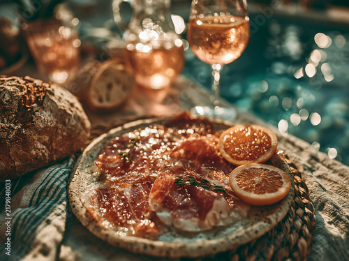 A romantic outdoor charcuterie spread by shimmering water, featuring cured meat, fresh bread, rose wine and glowing warm bokeh lights.