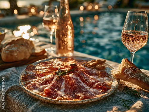 A romantic outdoor charcuterie spread by shimmering water, featuring cured meat, fresh bread, rose wine and glowing warm bokeh lights.
