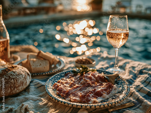 A romantic outdoor charcuterie spread by shimmering water, featuring cured meat, fresh bread, rose wine and glowing warm bokeh lights.