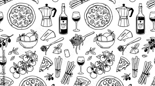 Italian Food Seamless Pattern Hand Drawn Vector Illustration
