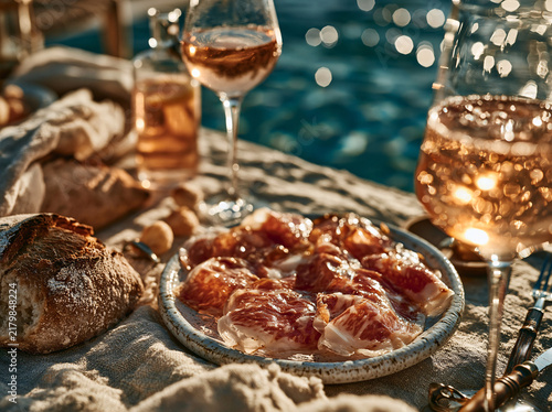 A romantic outdoor charcuterie spread by shimmering water, featuring cured meat, fresh bread, rose wine and glowing warm bokeh lights.
