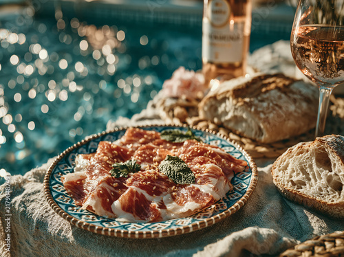 A romantic outdoor charcuterie spread by shimmering water, featuring cured meat, fresh bread, rose wine and glowing warm bokeh lights.